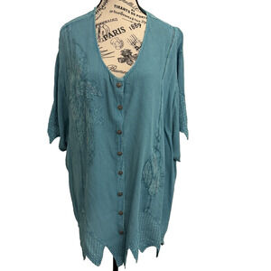 Silhouettes Women’s Blouse Plus Size 28 Short Sleeve Turquoise Floral Appliqués